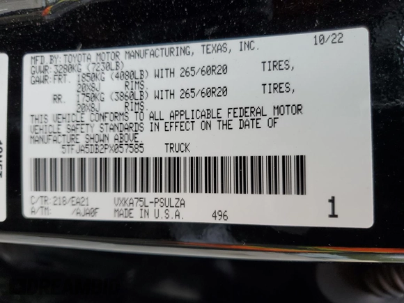 2023 Toyota Tundra Limited with VIN 5TFJA5DB2PX057585, listed as a Copart auction lot 51068025 with 45,403 mi miles and Salvage title. Bid and sale history available at DreamBid. Image 12.