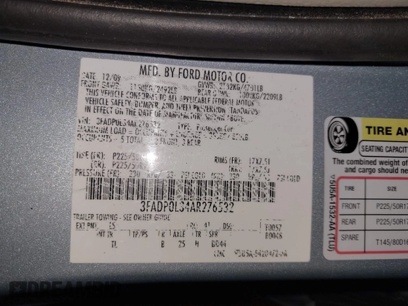 2010 Ford Fusion Hybrid z VIN 3FADP0L34AR276532, wystawiony jako IAAI lot #41491883 z przebiegiem 159 076 mil mil oraz . Historia ofert i sprzedaży dostępna na DreamBid. Obrazek 9.
