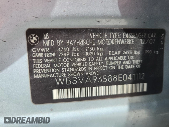 2008 BMW 3 Series M3 с VIN WBSVA93588E041112, выставлен на аукционе Copart как лот 60320135 с пробегом 129 282 миль миль и Списание • Salvage title. История ставок и продаж доступна на DreamBid. Изображение 13.