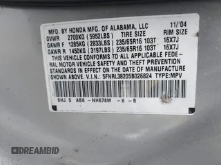 2005 Honda Odyssey LX with VIN 5FNRL38205B026824, listed as a IAAI auction lot 42068656 with 140,914 mi miles. Bid and sale history available at carsss.com. Image 9.