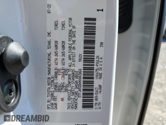 2022 Toyota Tundra Limited с VIN 5TFJA5DB4NX043068, выставлен на аукционе Copart как лот 49966605 с пробегом 32 628 миль миль и Списание • Salvage title. История ставок и продаж доступна на DreamBid. Изображение 12.