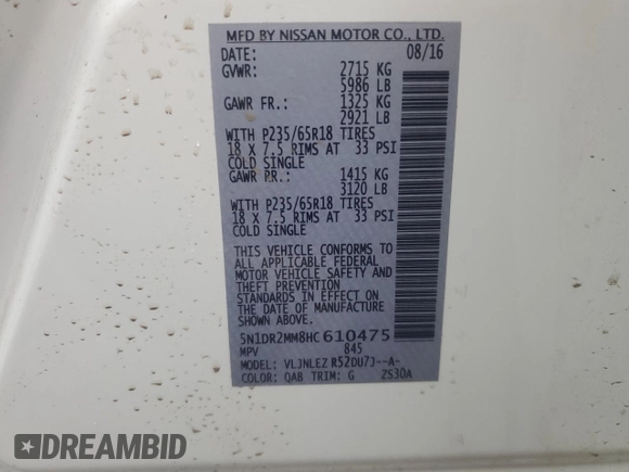 2017 Nissan Pathfinder S with VIN 5N1DR2MM8HC610475, listed as a Copart auction lot 52548495 with 66,766 mi miles and Salvage title. Bid and sale history available at DreamBid. Image 13.