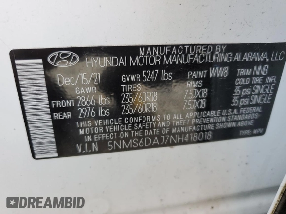 2022 Hyundai Santa Fe XRT with VIN 5NMS6DAJ7NH418018, listed as a Copart auction lot 47317835 with 18,938 mi miles and Salvage Title. Bid and sale history available at carsss.com. Image 15.
