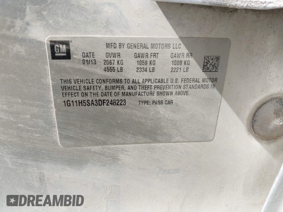 2013 Chevrolet Malibu LTZ with VIN 1G11H5SA3DF248223, listed as a IAAI auction lot 42098114 with 186,131 mi miles and . Bid and sale history available at DreamBid. Image 9.