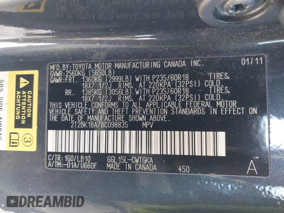 2011 Lexus RX 350 with VIN 2T2BK1BA7BC098835, listed as a IAAI auction lot 41319682 with 122,781 mi miles and . Bid and sale history available at DreamBid. Image 9.