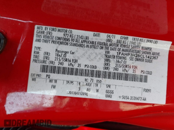 2012 Ford Focus SEL with VIN 1FAHP3H28CL142367, listed as a IAAI auction lot 41991603 with 223,944 mi miles. Bid and sale history available at carsss.com. Image 9.