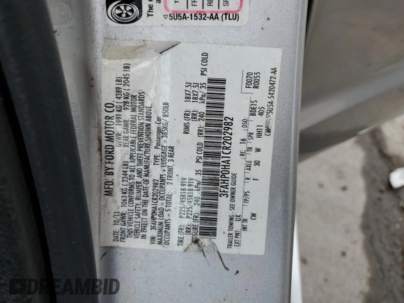 2012 Ford Fusion SE with VIN 3FAHP0HA1CR202982, listed as a Copart auction lot 52517915 with 189,475 mi miles and Salvage Title. Bid and sale history available at DreamBid. Image 12.