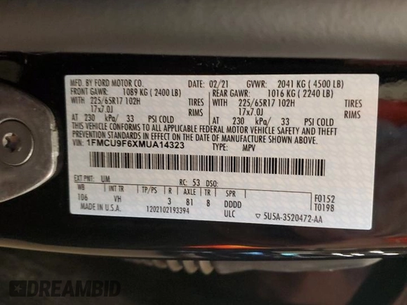 2021 Ford Escape S with VIN 1FMCU9F6XMUA14323, listed as a Copart auction lot 62992045 with 44,770 mi miles and Salvage title. Bid and sale history available at DreamBid. Image 13.