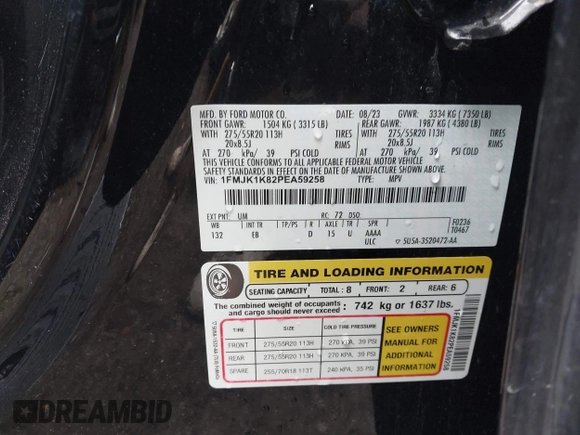 2023 Ford Expedition Max Limited с VIN 1FMJK1K82PEA59258, выставлен на аукционе IAAI как лот 42477135 с пробегом 11 миль миль и . История ставок и продаж доступна на DreamBid. Изображение 9.