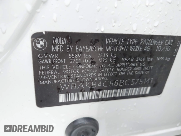 2011 BMW 7 Series 740Li with VIN WBAKB4C58BC575141, listed as a IAAI auction lot 42104510 with 100,361 mi miles and . Bid and sale history available at DreamBid. Image 9.