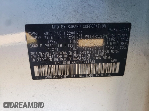 2024 Subaru Outback with VIN 4S4BTAAC6R3241258, listed as a Copart auction lot 80392094 with 50,899 mi miles and Salvage title. Bid and sale history available at DreamBid. Image 13.