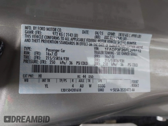 2015 Ford Focus SE with VIN 1FADP3F26FL299112, listed as a IAAI auction lot 41492446 with 57,103 mi miles. Bid and sale history available at carsss.com. Image 9.