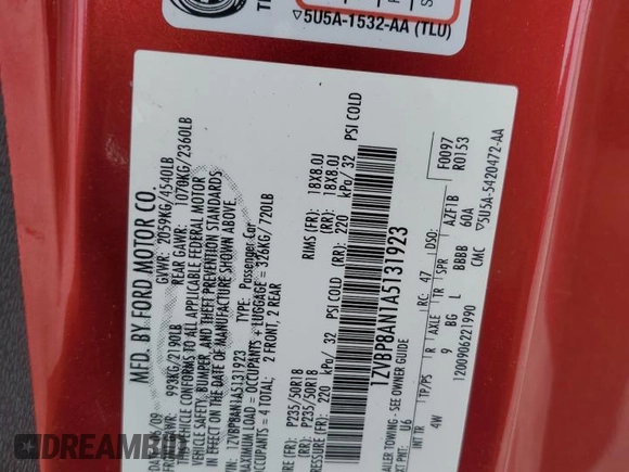 2010 Ford Mustang V6 with VIN 1ZVBP8AN1A5131923, listed as a Copart auction lot 53170985 with 170,449 mi miles and Salvage Title. Bid and sale history available at DreamBid. Image 12.