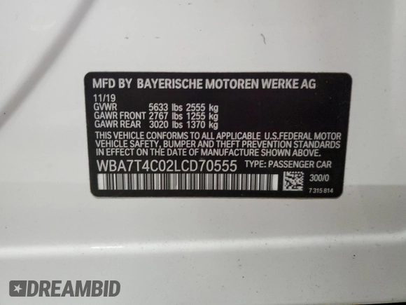 2020 BMW 7 Series 740i xDrive with VIN WBA7T4C02LCD70555, listed as a Copart auction lot 75666484 with 50,847 mi miles and Clean title. Bid and sale history available at DreamBid. Image 13.