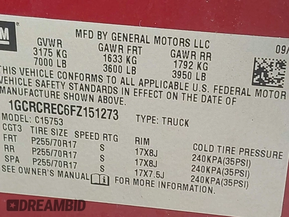 2015 Chevrolet Silverado 1500 LT with VIN 1GCRCREC6FZ151273, listed as a IAAI auction lot 40377068 with 264,496 mi miles. Bid and sale history available at carsss.com. Image 9.