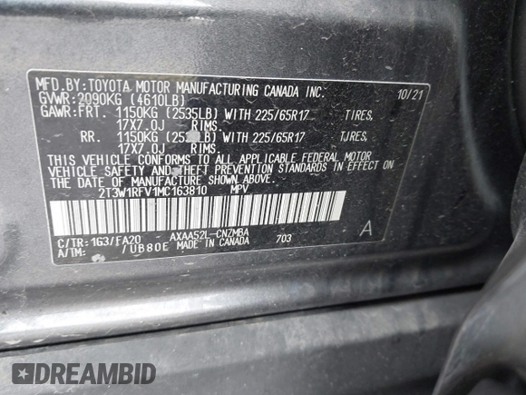 2021 Toyota RAV4 XLE with VIN 2T3W1RFV1MC163810, listed as a IAAI auction lot 41717215 with 46,511 mi miles. Bid and sale history available at carsss.com. Image 9.