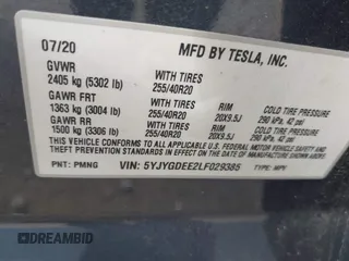 2020 Tesla Model Y Long Range with VIN 5YJYGDEE2LF029385, listed as a IAAI auction lot 42164786 with 58,685 mi miles and . Bid and sale history available at DreamBid. Image 9.