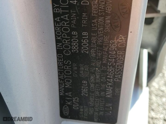 2015 Kia Forte LX with VIN KNAFK4A68F5404963, listed as a Copart auction lot 46454545 with 188,271 mi miles and Salvage Title. Bid and sale history available at carsss.com. Image 14.