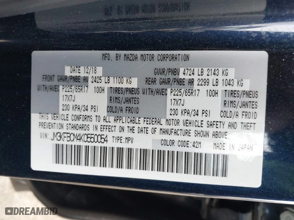 2019 Mazda CX-5 Touring with VIN JM3KFBCM4K0550054, listed as a IAAI auction lot 41071286 with NaN miles. Bid and sale history available at carsss.com. Image 9.