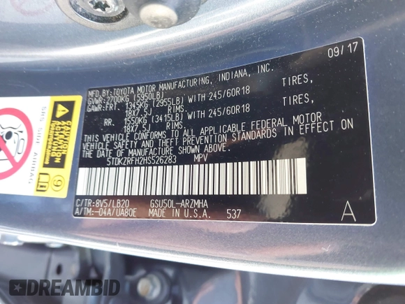 2017 Toyota Highlander XLE with VIN 5TDKZRFH2HS526283, listed as a IAAI auction lot 41669159 with 122,112 mi miles and . Bid and sale history available at DreamBid. Image 9.