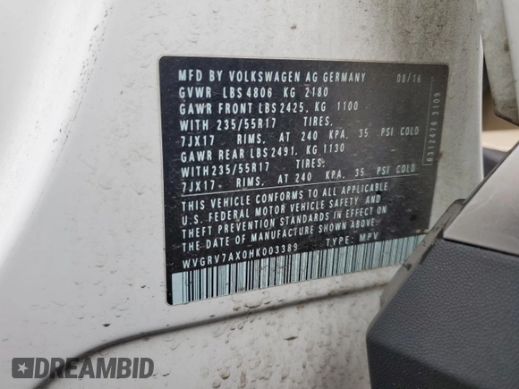 2017 Volkswagen Tiguan Wolfsburg Edition with VIN WVGRV7AX0HK003389, listed as a Copart auction lot 59709615 with 88,491 mi miles and Salvage title. Bid and sale history available at DreamBid. Image 14.