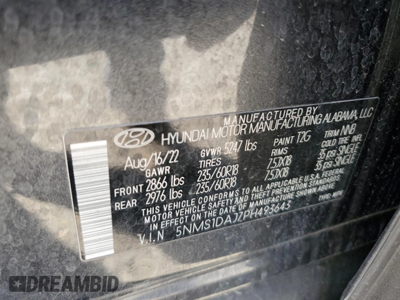 2023 Hyundai Santa Fe SE with VIN 5NMS1DAJ7PH493643, listed as a Copart auction lot 45159835 with 74,515 mi miles and Salvage Title. Bid and sale history available at carsss.com. Image 14.