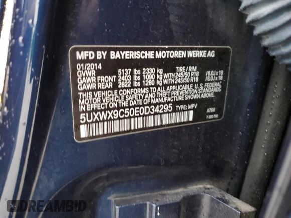 2014 BMW X3 xDrive28i with VIN 5UXWX9C50E0D34295, listed as a Copart auction lot 48472895 with 63,802 mi miles and Salvage Title. Bid and sale history available at DreamBid. Image 14.
