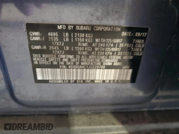 2018 Subaru Outback Premium with VIN 4S4BSAHC1J3229788, listed as a Copart auction lot 62676125 with 29,188 mi miles and Salvage title. Bid and sale history available at DreamBid. Image 14.
