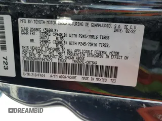 2022 Toyota Tacoma SR with VIN 3TYRX5GNXNT047479, listed as a Copart auction lot 57023765 with 84,802 mi miles and Salvage title. Bid and sale history available at DreamBid. Image 12.