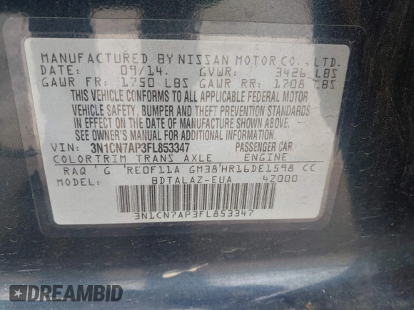 2015 Nissan Versa SV with VIN 3N1CN7AP3FL853347, listed as a IAAI auction lot 41741056 with 100,353 mi miles. Bid and sale history available at carsss.com. Image 9.