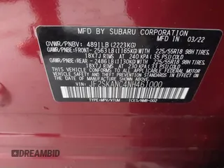 2022 Subaru Forester Limited z VIN JF2SKANC4NH461000, wystawiony jako IAAI lot #41903656 z przebiegiem 40 667 mil mil oraz . Historia ofert i sprzedaży dostępna na DreamBid. Obrazek 9.