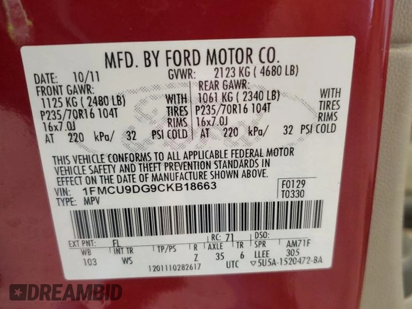 2012 Ford Escape XLT с VIN 1FMCU9DG9CKB18663, выставлен на аукционе Copart как лот 64014875 с пробегом 136 181 миль миль и На запчасти • Non repairable. История ставок и продаж доступна на DreamBid. Изображение 14.