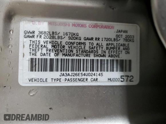 2004 Mitsubishi Lancer ES with VIN JA3AJ26E54U024145, listed as a Copart auction lot 85004014 with 94,511 mi miles and Salvage Title. Bid and sale history available at carsss.com. Image 12.