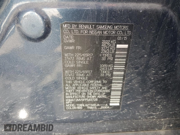 2015 Nissan Rogue SV with VIN KNMAT2MV5FP543728, listed as a Copart auction lot 46854045 with 177,819 mi miles and Salvage Title. Bid and sale history available at carsss.com. Image 12.
