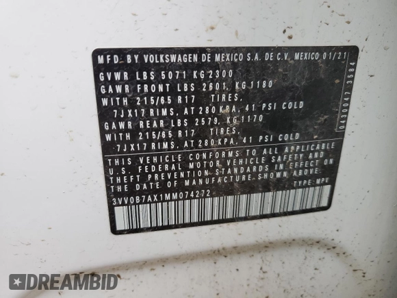 2021 Volkswagen Tiguan S with VIN 3VV0B7AX1MM074272, listed as a Copart auction lot 43519695 with 35,021 mi miles and Salvage title. Bid and sale history available at DreamBid. Image 12.