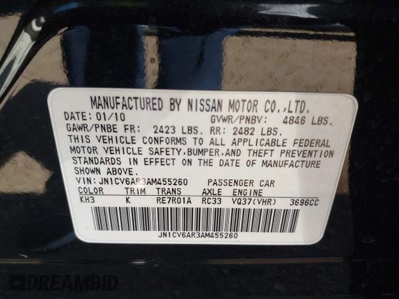 2010 Infiniti G37 x with VIN JN1CV6AR3AM455260, listed as a IAAI auction lot 41846206 with 124,725 mi miles. Bid and sale history available at carsss.com. Image 9.