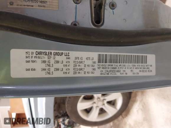 2013 Jeep Patriot Latitude z VIN 1C4NJRFB2DD140601, wystawiony jako IAAI lot #41938101 z przebiegiem 143 160 mil mil oraz . Historia ofert i sprzedaży dostępna na DreamBid. Obrazek 9.