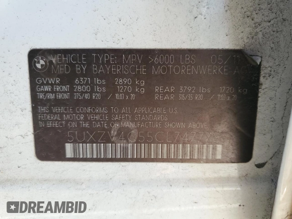 2012 BMW X5 35i with VIN 5UXZV4C55CL747778, listed as a Copart auction lot 84335374 with 144,258 mi miles and Non repairable. Bid and sale history available at DreamBid. Image 13.