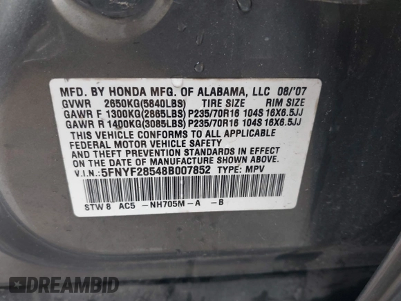 2008 Honda Pilot EX-L with VIN 5FNYF28548B007852, listed as a IAAI auction lot 42387060 with 261,023 mi miles and . Bid and sale history available at DreamBid. Image 9.