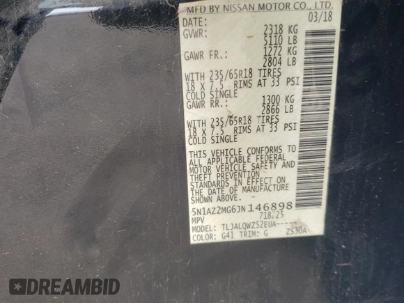 2018 Nissan Murano S with VIN 5N1AZ2MG6JN146898, listed as a Copart auction lot 47839935 with 133,544 mi miles and Salvage Title. Bid and sale history available at DreamBid. Image 13.