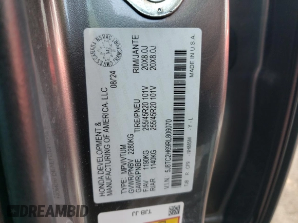 2024 Acura RDX w/A-Spec Package with VIN 5J8TC2H69RL806070, listed as a Copart auction lot 42016335 with 7,734 mi miles and Salvage title. Bid and sale history available at DreamBid. Image 13.