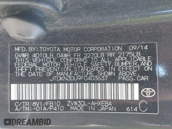 2015 Toyota Prius Four with VIN JTDKN3DU9F0403637, listed as a IAAI auction lot 42168937 with 107,339 mi miles. Bid and sale history available at carsss.com. Image 9.