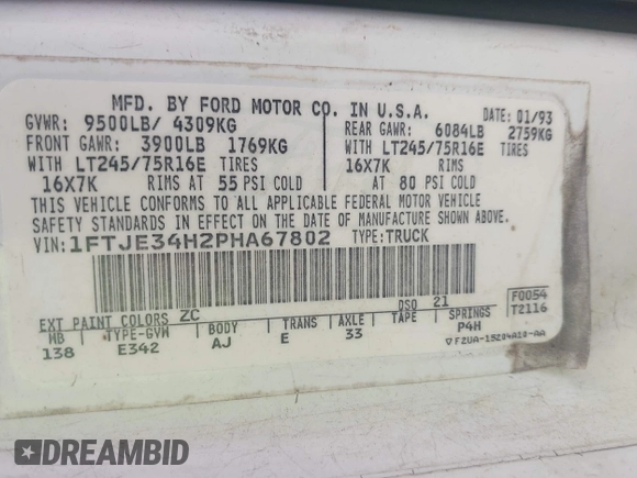 1993 Ford Econoline Cargo with VIN 1FTJE34H2PHA67802, listed as a IAAI auction lot 42127936 with 263,379 mi miles and . Bid and sale history available at DreamBid. Image 9.