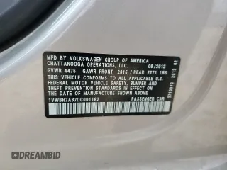 2013 Volkswagen Passat SE with VIN 1VWBH7A37DC001182, listed as a Copart auction lot 45026685 with 116,967 mi miles and Salvage Title. Bid and sale history available at carsss.com. Image 12.