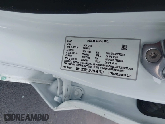 2025 Tesla Model 3 Long Range с VIN 5YJ3E1EA2SF981877, выставлен на аукционе IAAI как лот 42412352 с пробегом 1 967 миль миль и . История ставок и продаж доступна на DreamBid. Изображение 9.