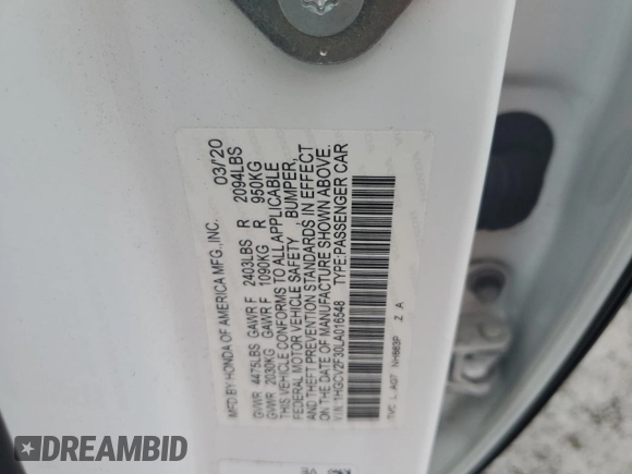 2020 Honda Accord Sport with VIN 1HGCV2F30LA016548, listed as a Copart auction lot 59010915 with Not provided miles and Salvage title. Bid and sale history available at DreamBid. Image 13.