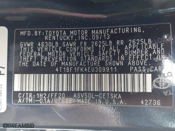 2014 Toyota Camry L with VIN 4T1BF1FK4EU309911, listed as a IAAI auction lot 41919036 with 109,633 mi miles. Bid and sale history available at carsss.com. Image 9.