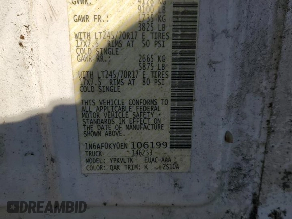 2014 Nissan NV SV with VIN 1N6AF0KY0EN106199, listed as a Copart auction lot 87584435 with 194,208 mi miles and Salvage Title. Bid and sale history available at carsss.com. Image 14.