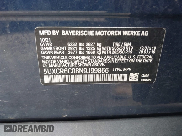 2022 BMW X5 xDrive40i z VIN 5UXCR6C08N9J99866, wystawiony jako IAAI lot #42215532 z przebiegiem 53 484 mil mil oraz . Historia ofert i sprzedaży dostępna na DreamBid. Obrazek 9.