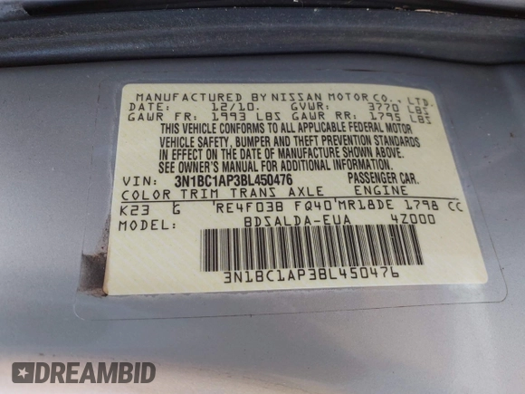 2011 Nissan Versa S with VIN 3N1BC1AP3BL450476, listed as a IAAI auction lot 40925098 with 158,922 mi miles and . Bid and sale history available at DreamBid. Image 9.